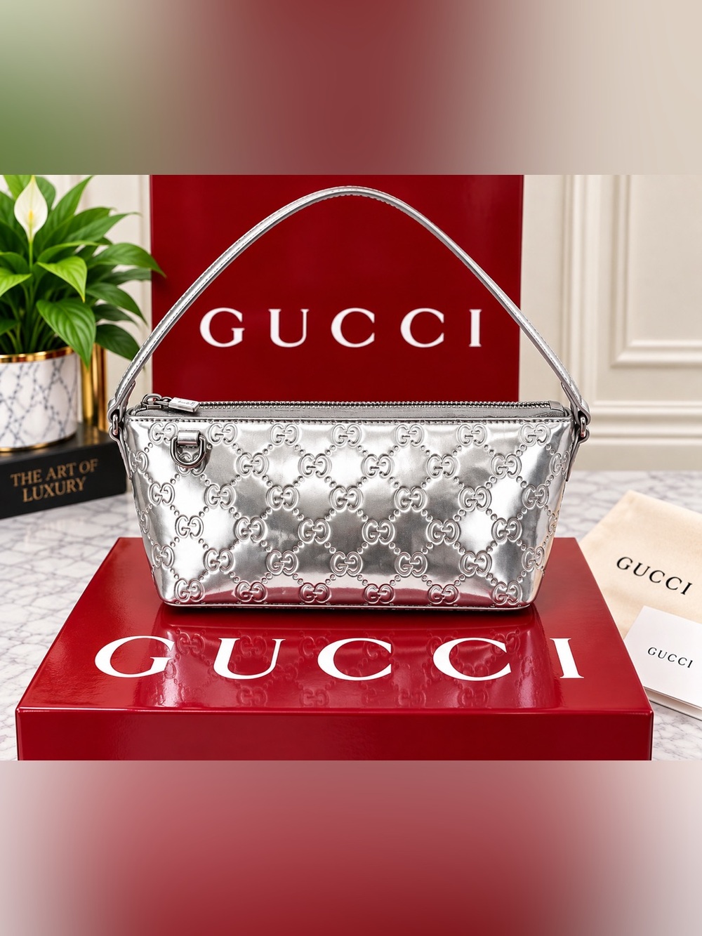 Gucci Metallic Silver GG-Embossed Shoulder Bag - Picture 3 of 10